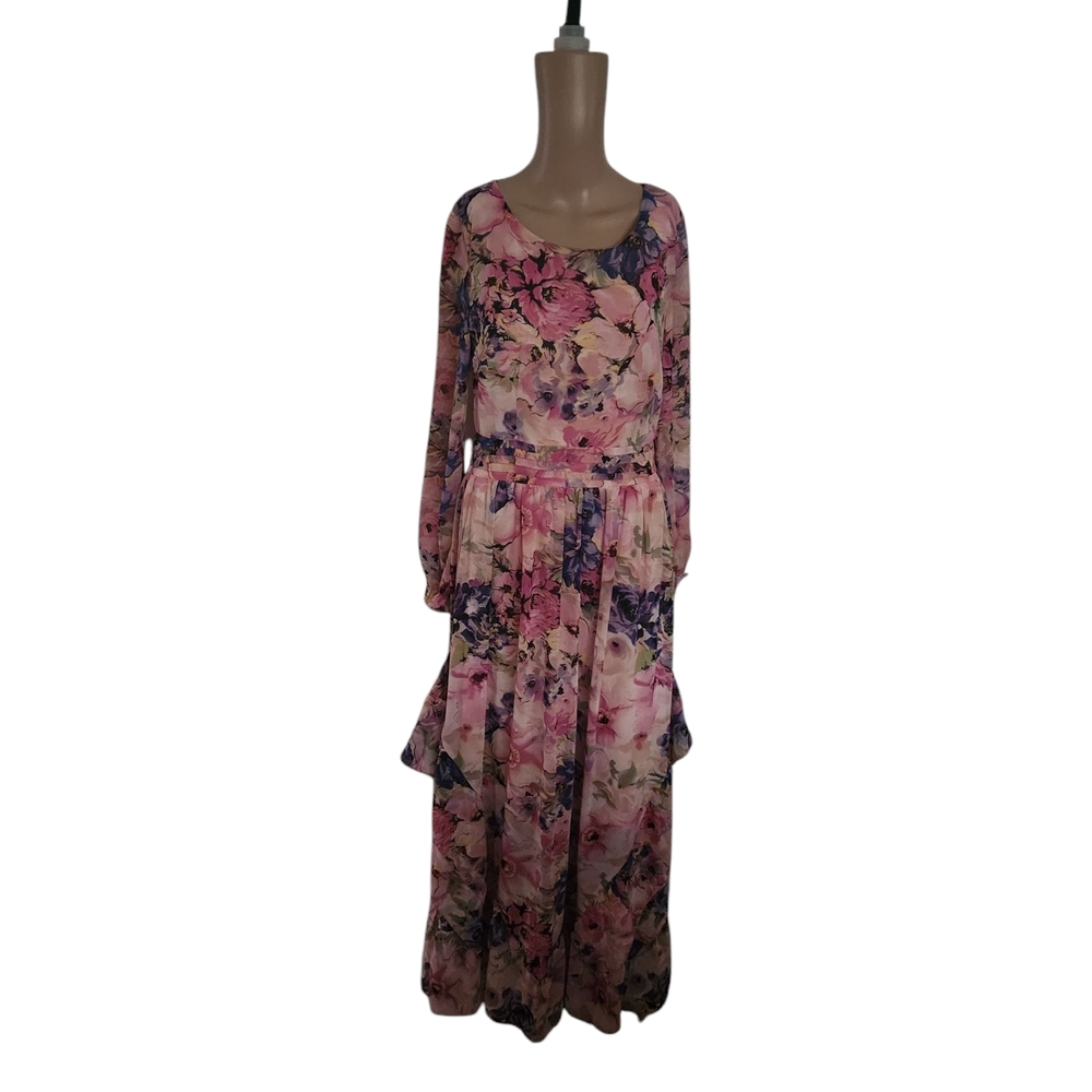 Clocolor L TIERED flowy Chiffon Floral Pink Maxi Dress